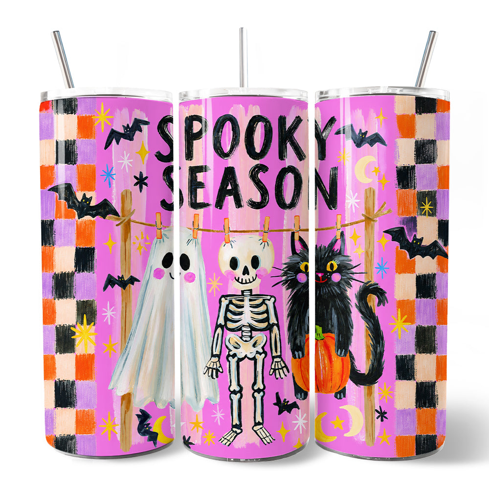Spooky Season Ghost Skeleton Cat 20oz Personalized Tumbler With Lid and Stainless Steel Straw, Colorful Stripe Halloween Costume Gift Cup