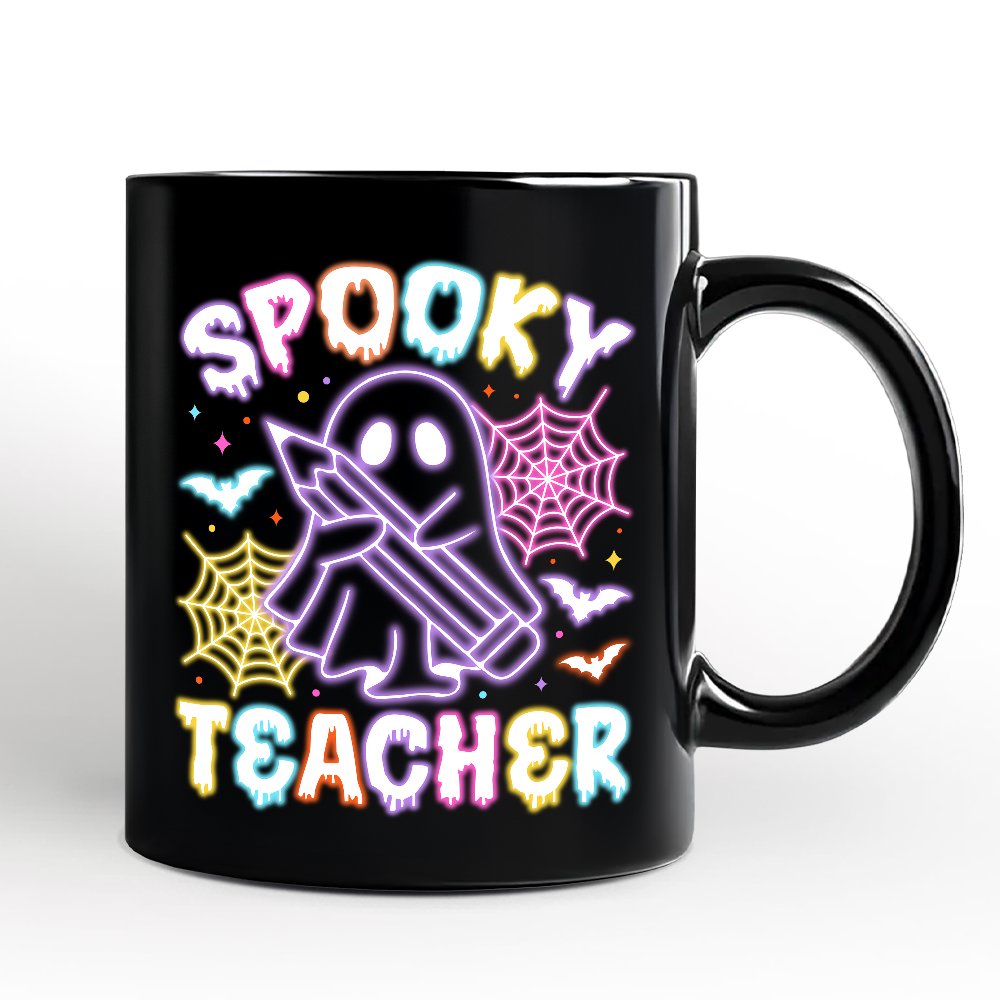 Spooky Teacher Neon Ghost Personalized Mug, Retro Halloween Gift with Custom Name for Educators Personalized Ceramic Mug OrnamentallyYou Black Non-Custom 