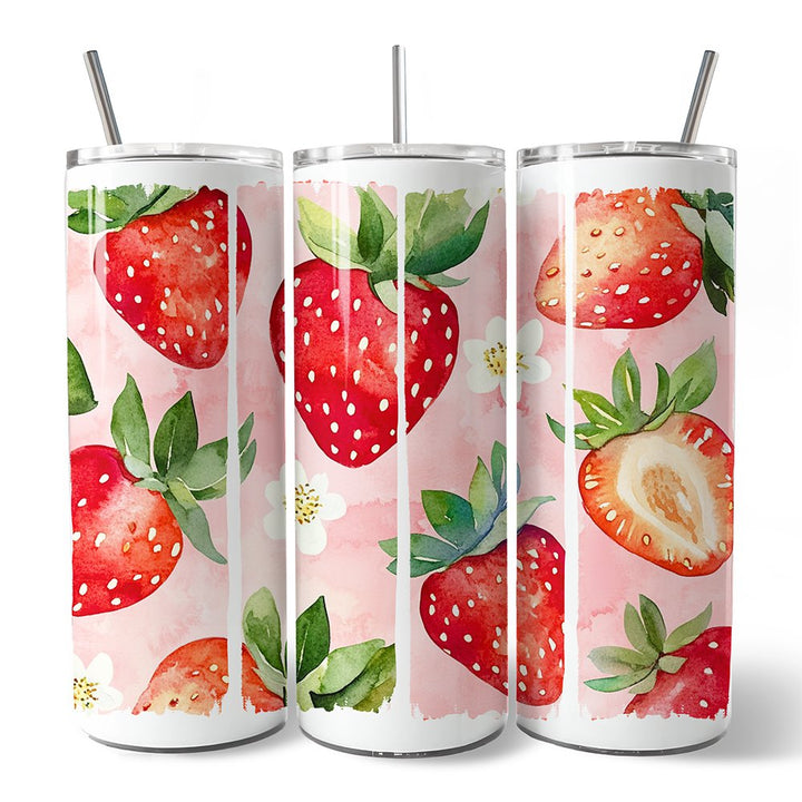 Strawberry Pattern 20oz Personalized Tumbler With Lid and Stainless Steel Straw, Summer Pink Girly Travel Mug Gift Tumbler OrnamentallyYou Non-Customized 