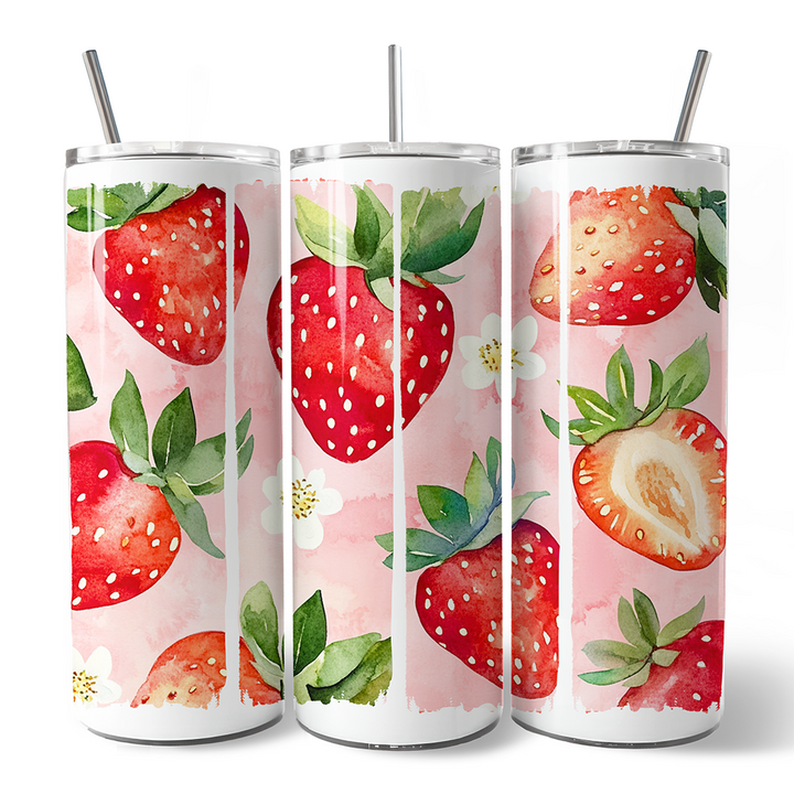 Strawberry Pattern 20oz Personalized Tumbler With Lid and Stainless Steel Straw, Summer Pink Girly Travel Mug Gift
