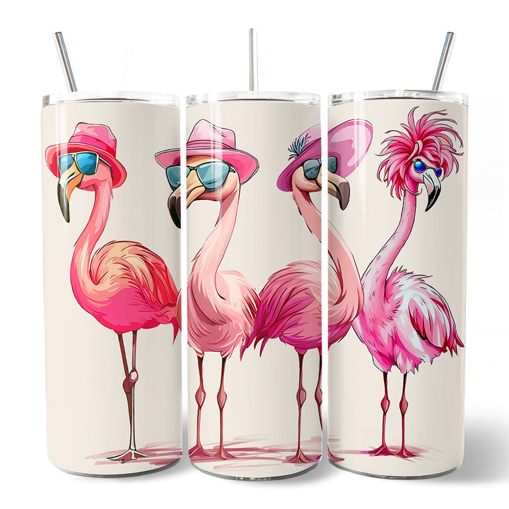 Stylish Summer Flamingo 20oz Personalized Tumbler With Lid and Stainless Steel Straw, Retro Tropical Birds Gift Cup
