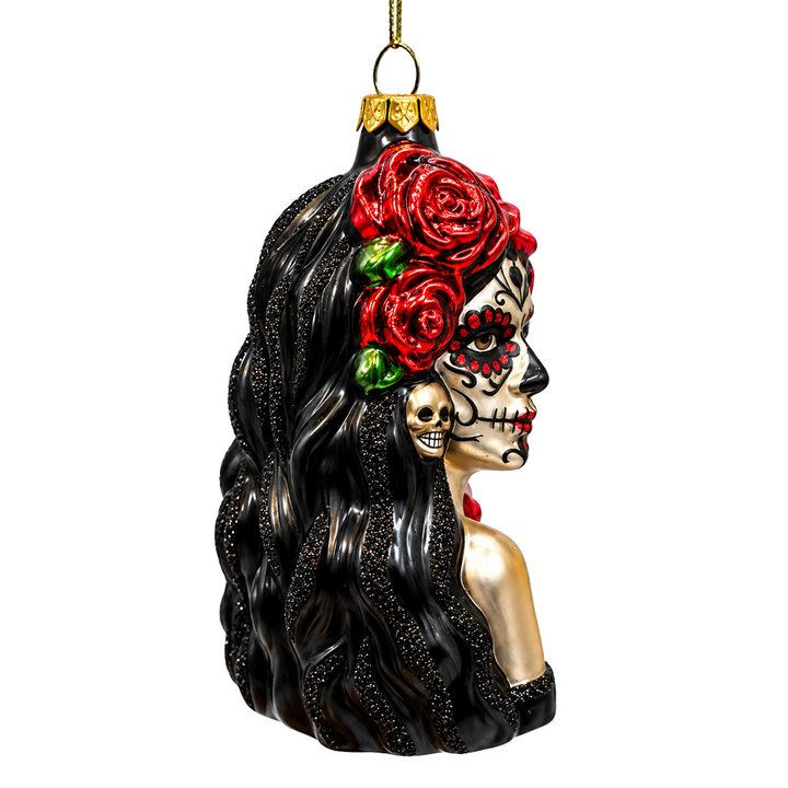 (PRE-ORDER) Sugar Skull Woman with Red Roses Glass Ornament, Day of the Dead Gothic Halloween Decor