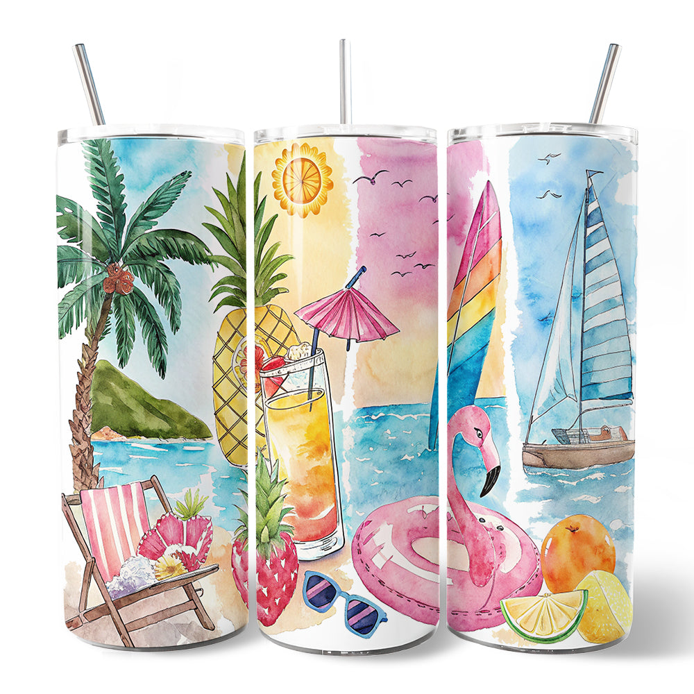 Summer Vibes 20oz Personalized Tumbler With Lid and Stainless Steel Straw, Brushstrokes Vacation Beach Gift Cup