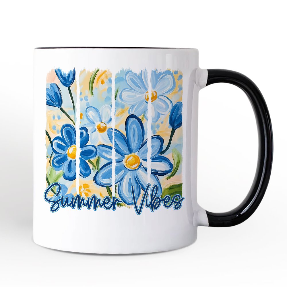 Summer Vibes Brushsroke Flowers Personalized Mug, Aesthetic Gift with Custom Name Personalized Ceramic Mug OrnamentallyYou Black Handle Non-Custom 