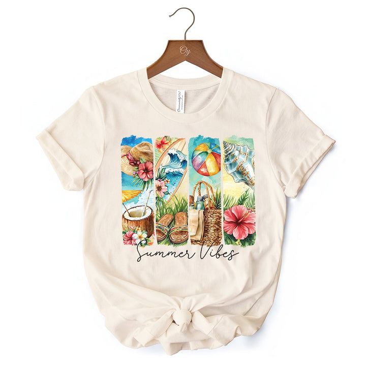 Summer Vibes T-Shirt, White and Natural Beach Tee with Coconut and Flowers T-Shirts OrnamentallyYou 