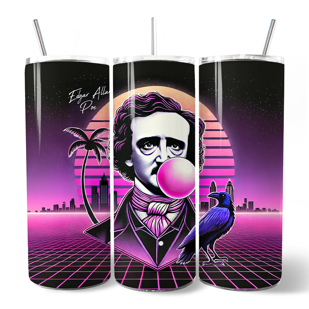 Synthwave 80's Styled Edgar Allan Poe Horror 20oz Personalized Tumbler With Lid and Stainless Steel Straw, Vaporwave Classic Retro Neon Halloween Gift Cup