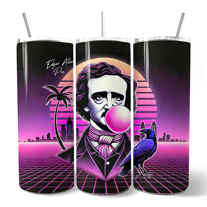 Synthwave 80's Styled Edgar Allan Poe Horror 20oz Personalized Tumbler With Lid and Stainless Steel Straw, Vaporwave Classic Retro Neon Halloween Gift Cup
