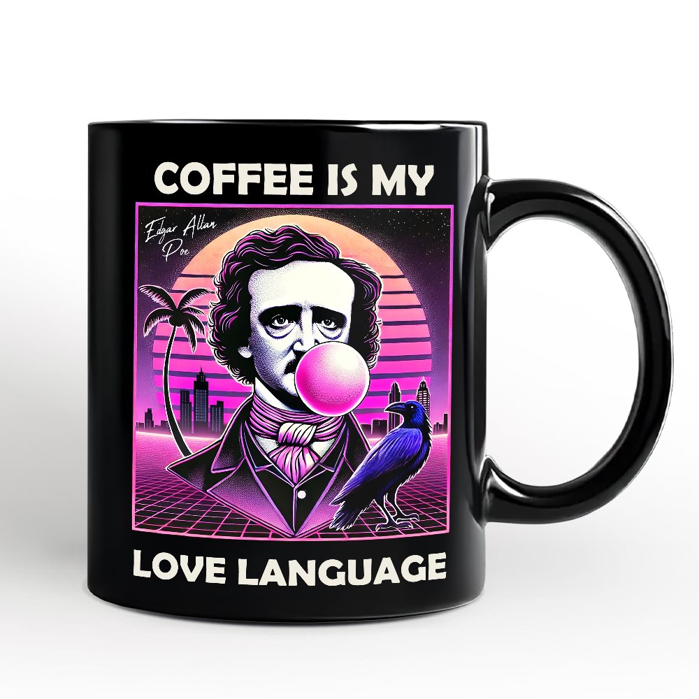 Synthwave 80's Styled Edgar Allan Poe Horror Personalized Mug, Vaperwave Classic Retro Neon Halloween Gift with Custom Name Personalized Ceramic Mug OrnamentallyYou Black Non-Custom 