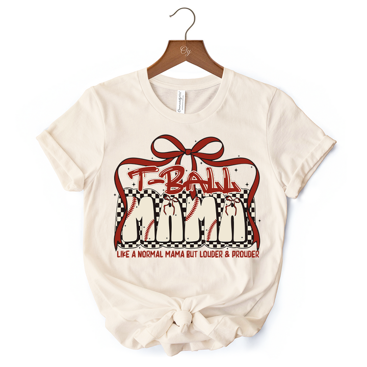 T-Ball Mama Coquette Red Bow T-Shirt, Retro White and Natural Tee for Proud Sports Moms