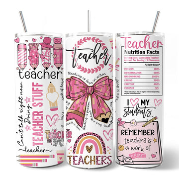 Teacher Life Pink 3D Inflated 20oz Personalized Tumbler With Lid and Stainless Steel Straw, Educator Appreciation Gift Cup Tumbler OrnamentallyYou 