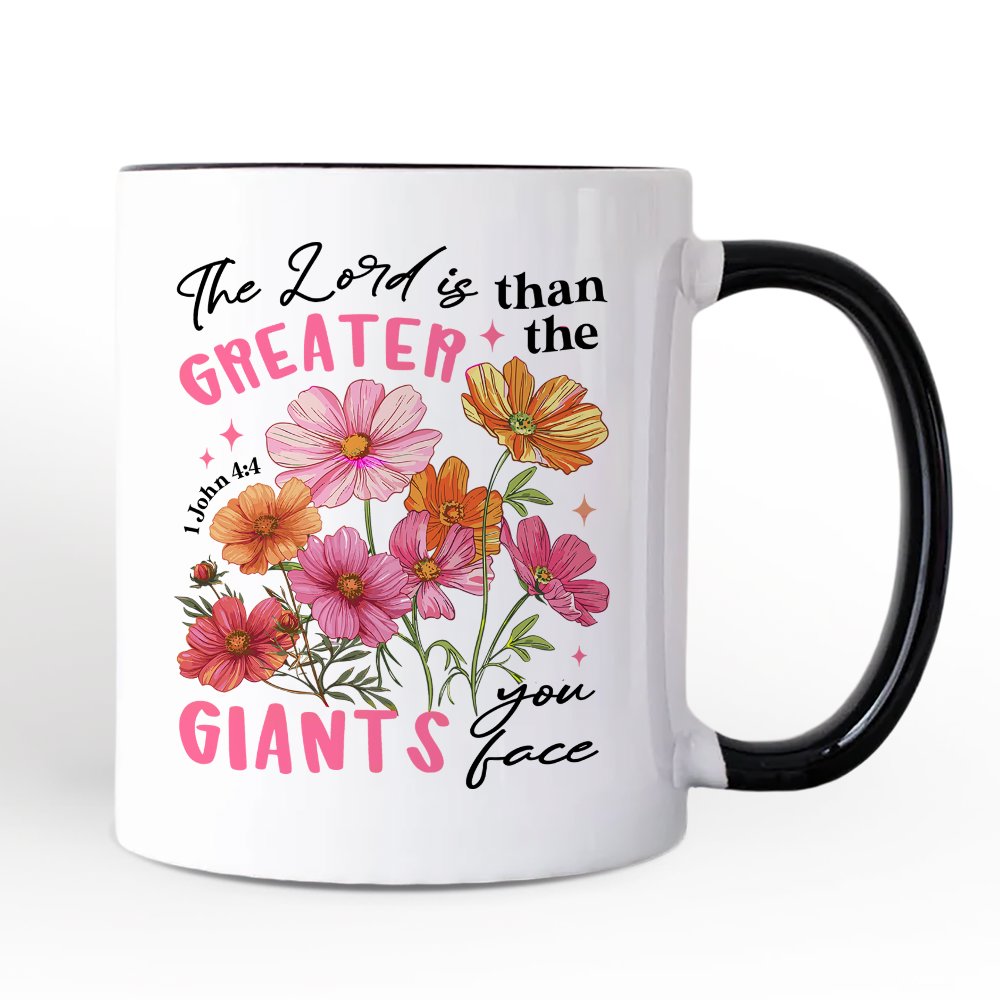 The Lord Is Greater Floral Christian Personalized Mug, Faith Bible Verse Inspirational Gift with Custom Name Personalized Ceramic Mug OrnamentallyYou Black Handle Non-Custom 