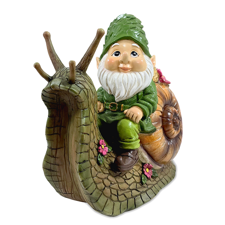 The Snailbound Gnome Cute Verdant Garden Statue, 10" Outdoor Yard or Forest Snail Decoration