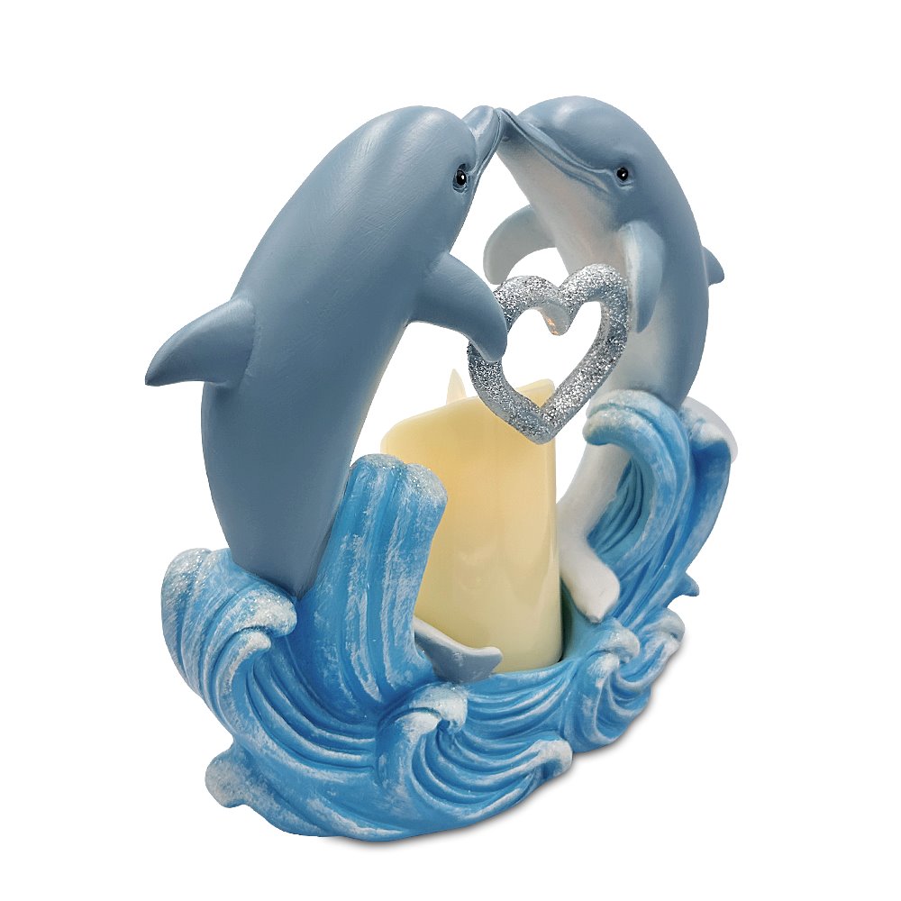 Tides of Affection Dolphin Figurine and Tealight Candle, 7" Romantic Tabletop Valentine or Anniversary Gift Resin Statues OrnamentallyYou 