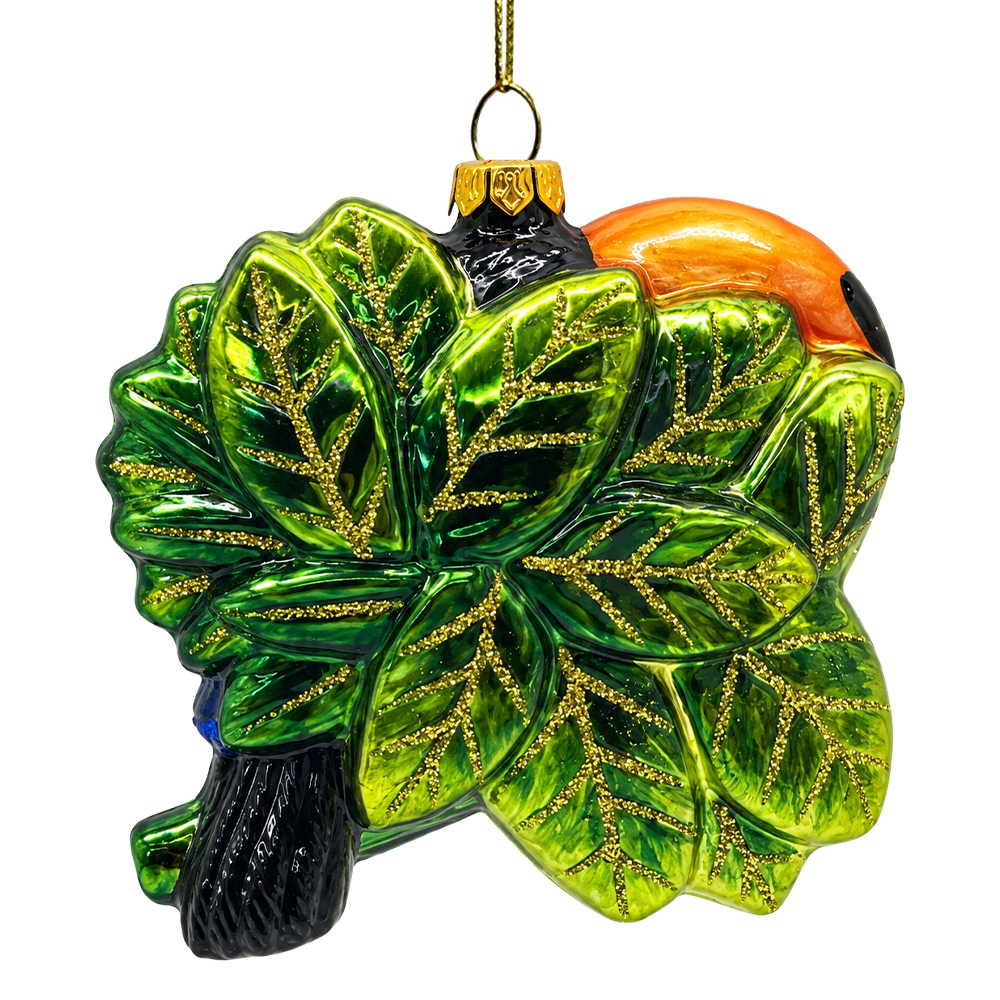 (PRE-ORDER) Toucan with Tropical Leaves Glass Christmas Ornament, Exotic Bird Rainforest Holiday Tree Decor