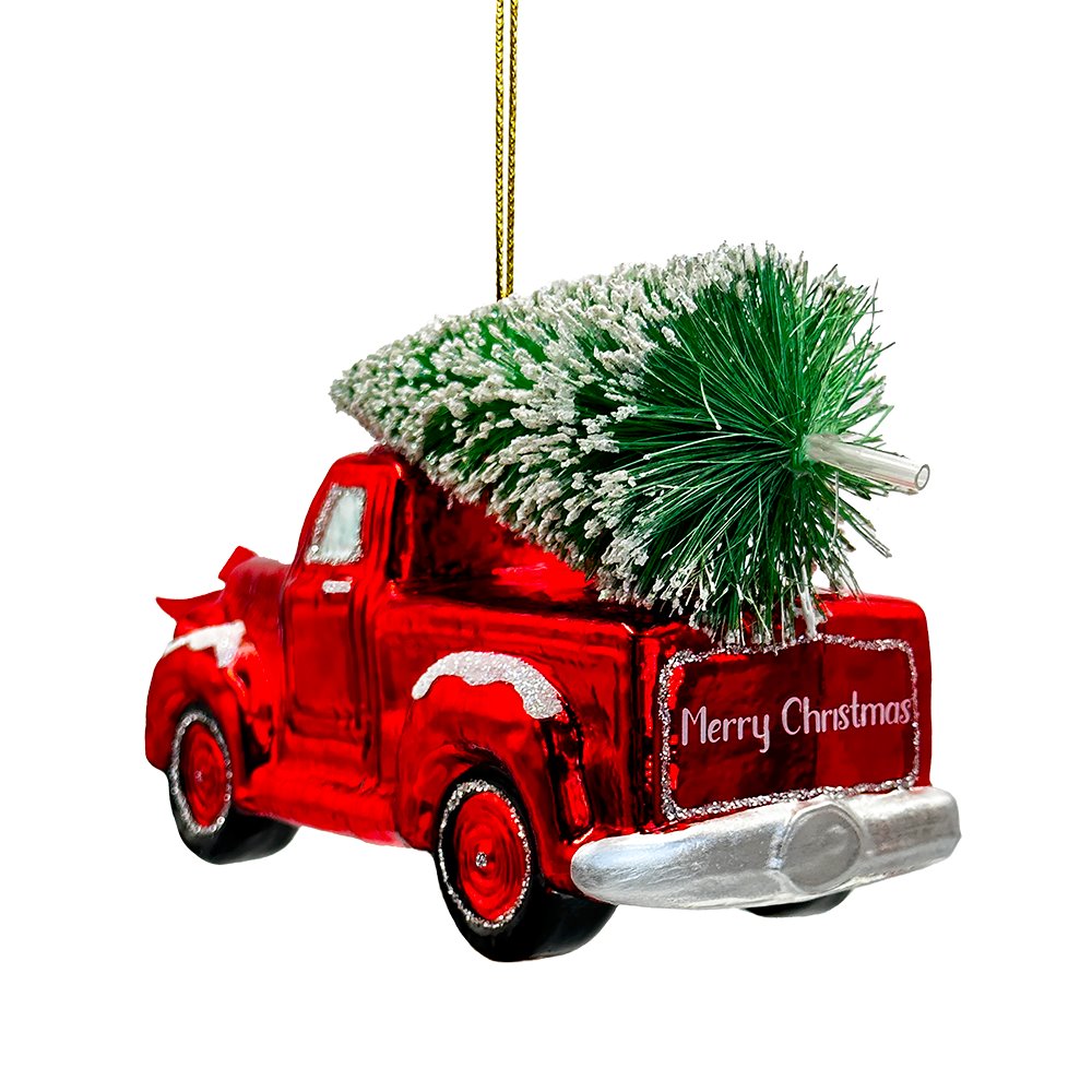 Traditional Red Truck with Ornamental Tree Glass Christmas Ornament Glass Ornament OrnamentallyYou 