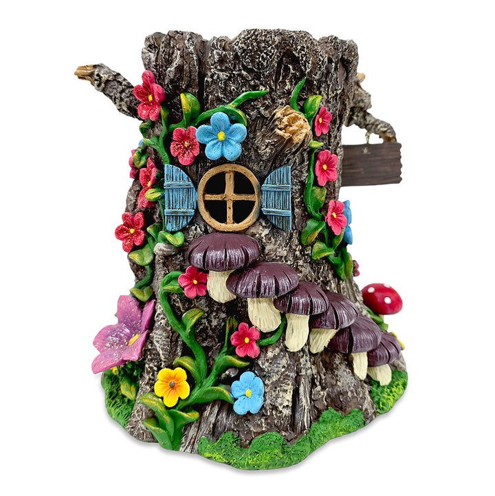 Tree Trunk Fairy Solar House Garden Statue, 8" Lighted Woodland Cottage Figurine Outdoor Decor Resin Statues OrnamentallyYou 