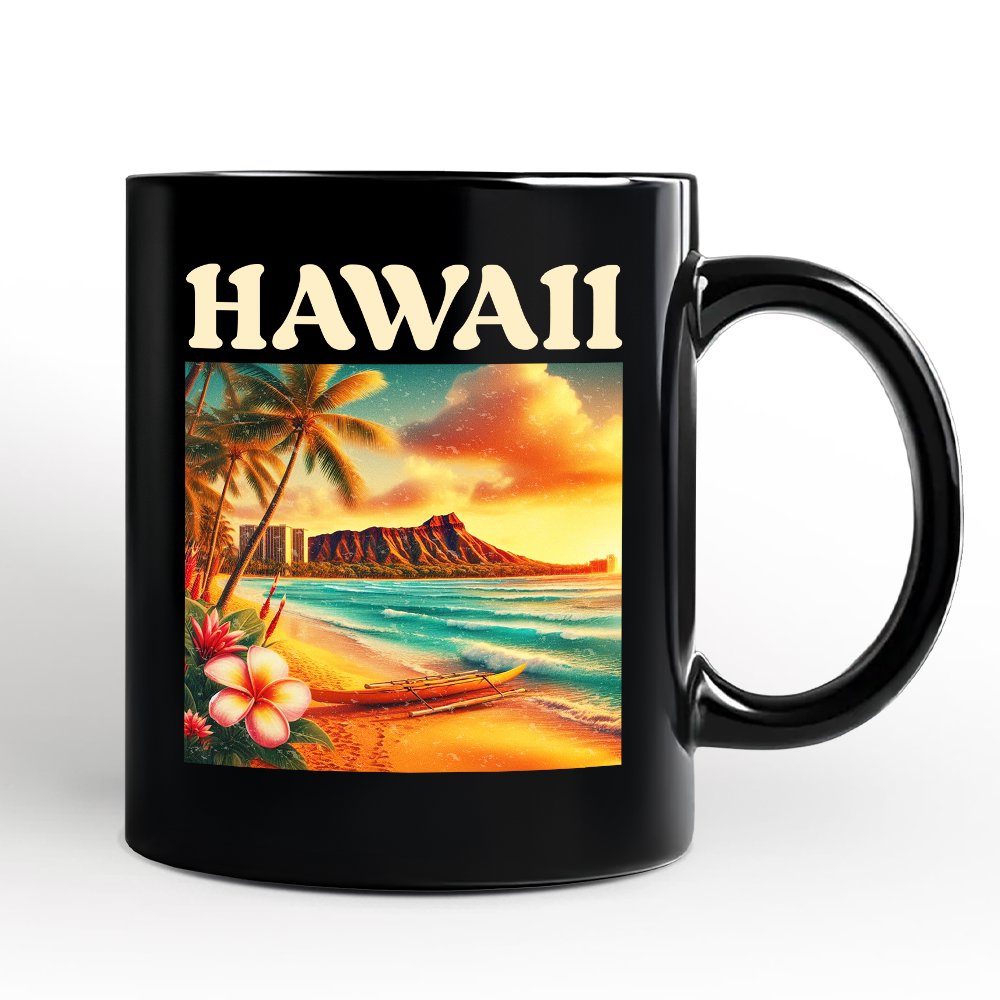 Tropical Hawaii Island State Personalized Mug, Vibrant Diamond Head Seaside Gift and Honolulu Souvenir with Custom Name Personalized Ceramic Mug OrnamentallyYou Black Non-Custom 