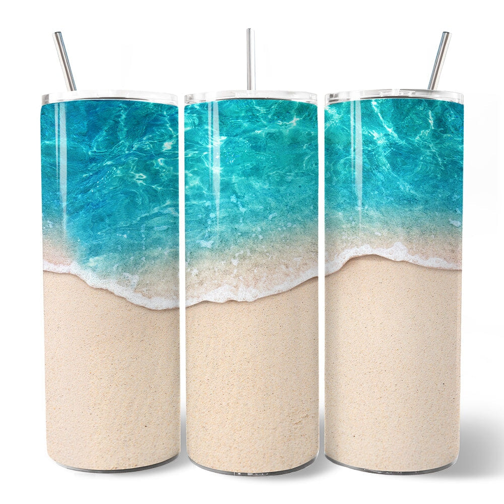 Turquoise Ocean Shore 20oz Personalized Tumbler With Lid and Stainless Steel Straw, Tropical Summer Coastal Gift Cup Tumbler OrnamentallyYou 
