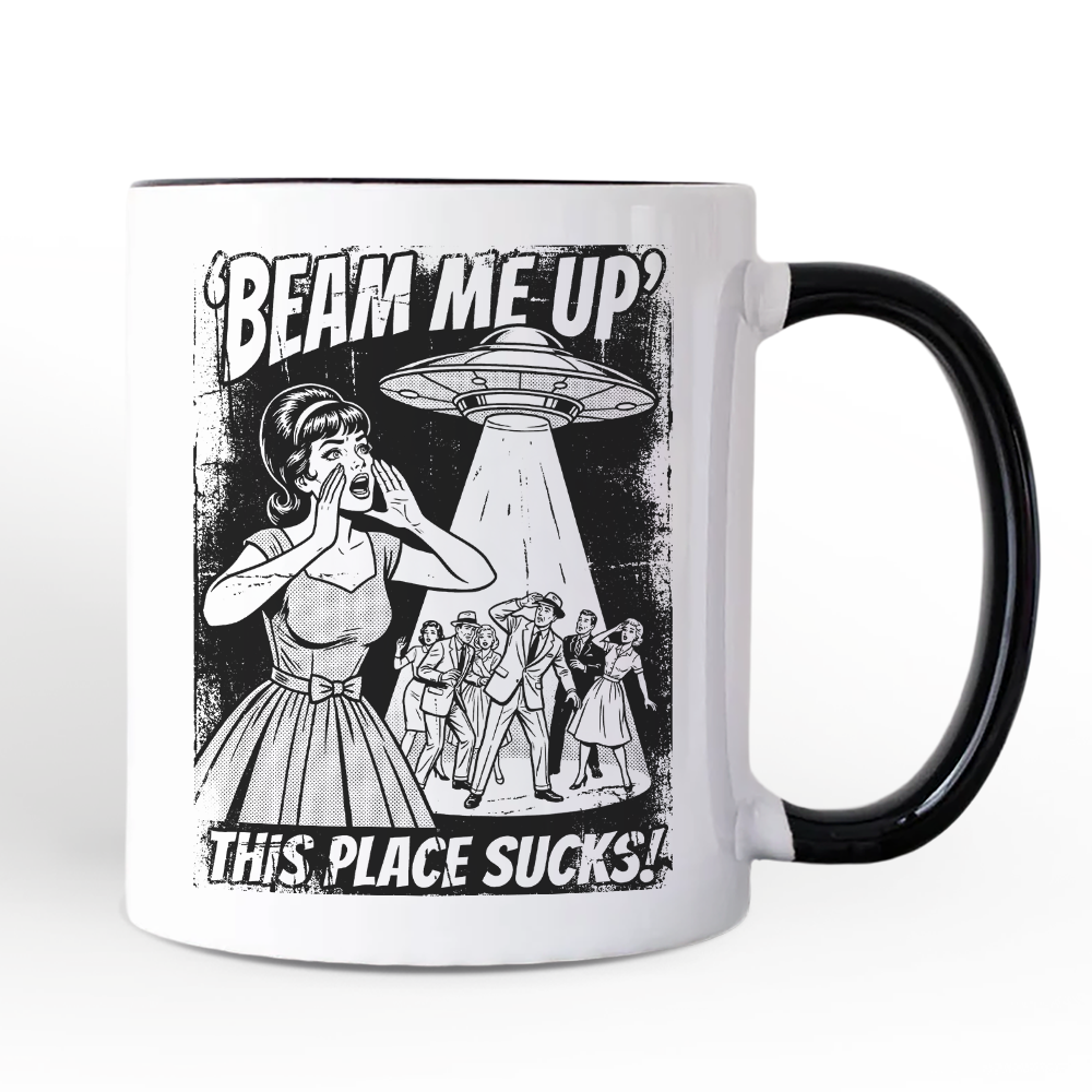 UFO Meme Beam Me Up This Place Sucks Personalized Mug, Cynical Woman Alien Abduction Retro Comic Gift with Custom Name