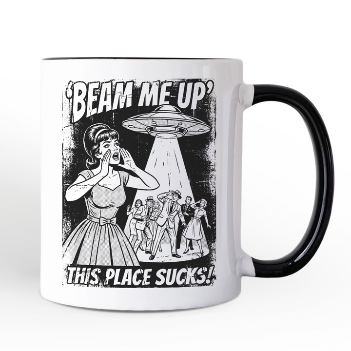 UFO Meme Beam Me Up This Place Sucks Personalized Mug, Cynical Woman Alien Abduction Retro Comic Gift with Custom Name