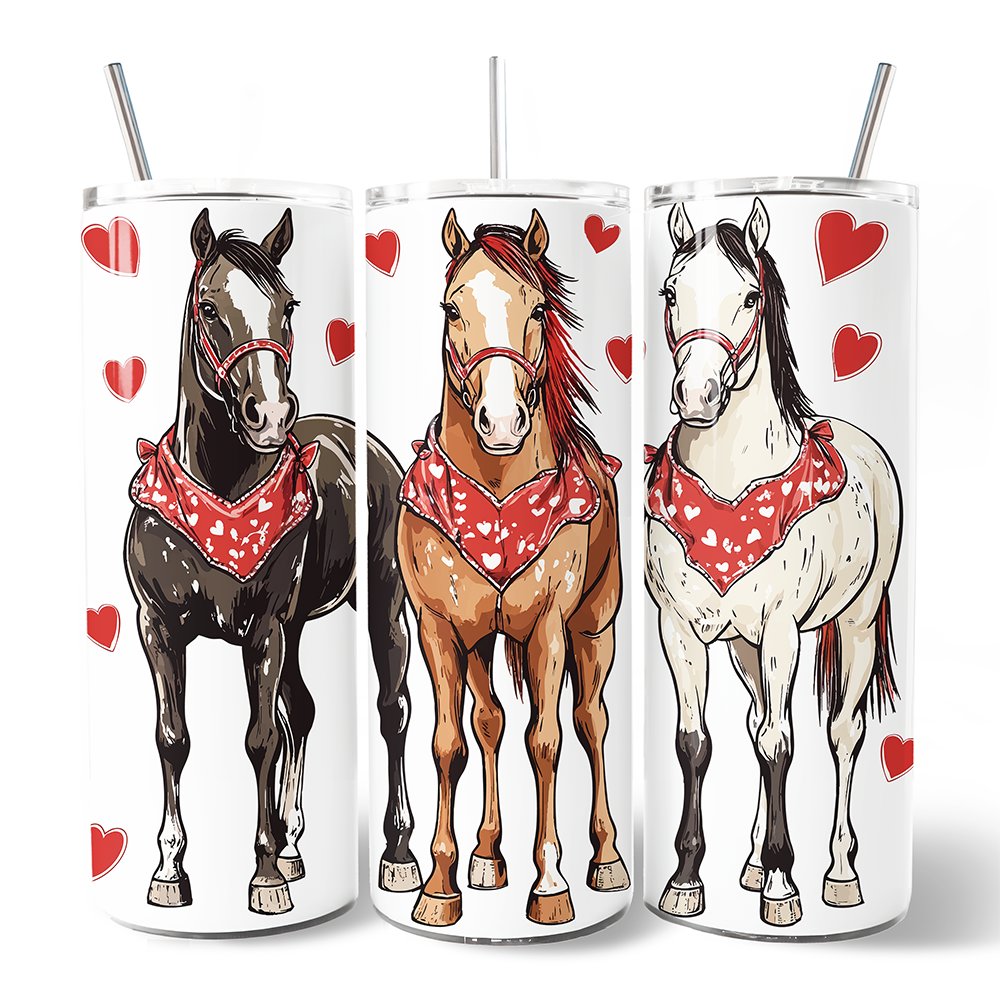 Valentine Horses Western Pattern 20oz Personalized Tumbler With Lid and Stainless Steel Straw, Cute Country Travel Mug Gift Tumbler OrnamentallyYou Non-Customized 