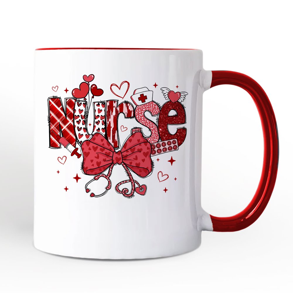 Valentine Nurse Coquette Bow Personalized Mug, Cupid Favorite Nurse Gift with Custom Name Personalized Ceramic Mug OrnamentallyYou Red Handle Non-Custom 