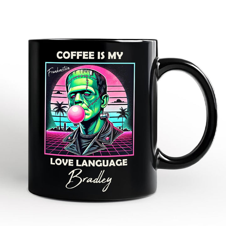 Vaperwave Frankenstein Retro Neon Horror Personalized Mug, Synthwave 80's Styled Classic Halloween Gift with Custom Name Personalized Ceramic Mug OrnamentallyYou Black Non-Custom 