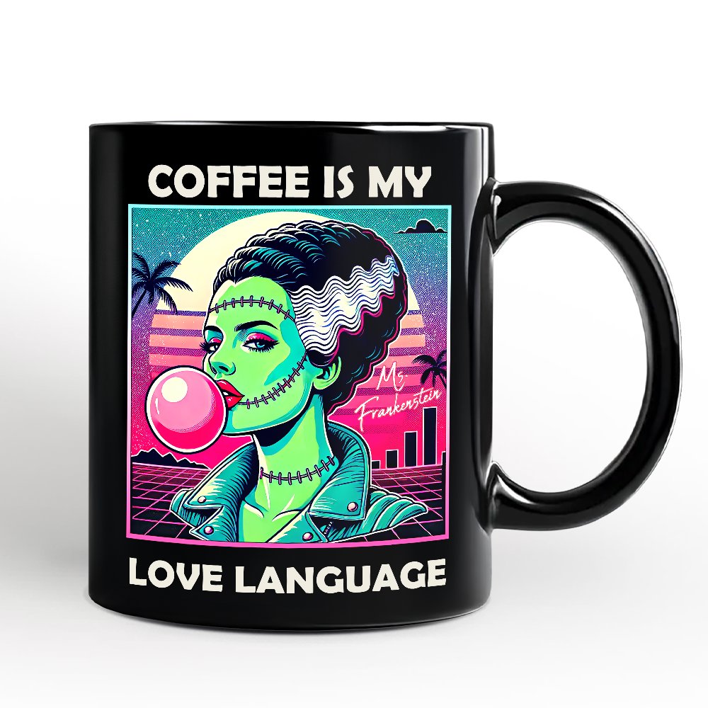 Vaperwave Mrs Frankenstein Bride Retro Neon Horror Personalized Mug, Synthwave 80's Styled Classic Halloween Gift with Custom Name Personalized Ceramic Mug OrnamentallyYou Black Non-Custom 