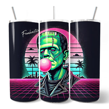 Vaporwave Frankenstein Retro Neon Horror 20oz Personalized Tumbler With Lid and Stainless Steel Straw, Synthwave 80's Styled Classic Halloween Gift Cup