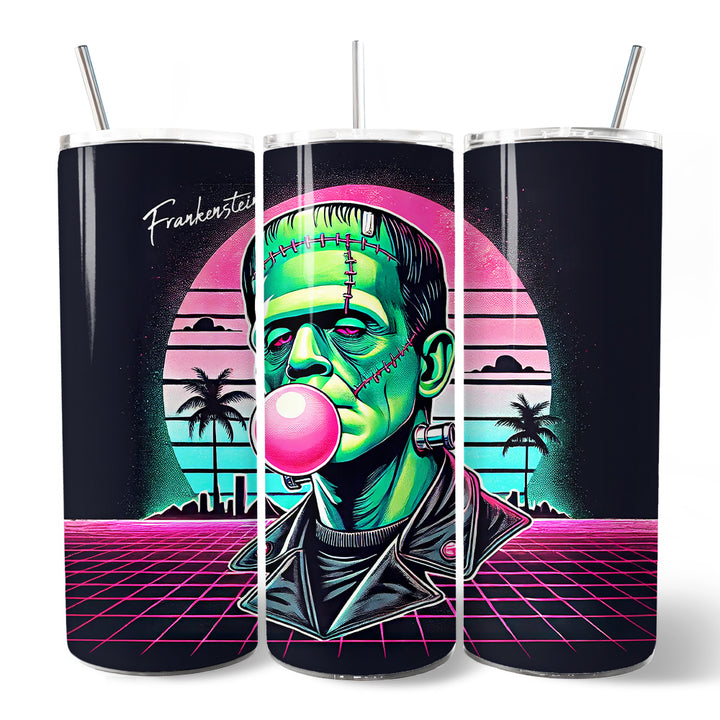 Vaporwave Frankenstein Retro Neon Horror 20oz Personalized Tumbler With Lid and Stainless Steel Straw, Synthwave 80's Styled Classic Halloween Gift Cup