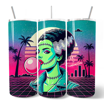 Vaporwave Mrs Frankenstein Retro Neon Horror 20oz Personalized Tumbler With Lid and Stainless Steel Straw, Synthwave 80's Styled Classic Halloween Gift Cup