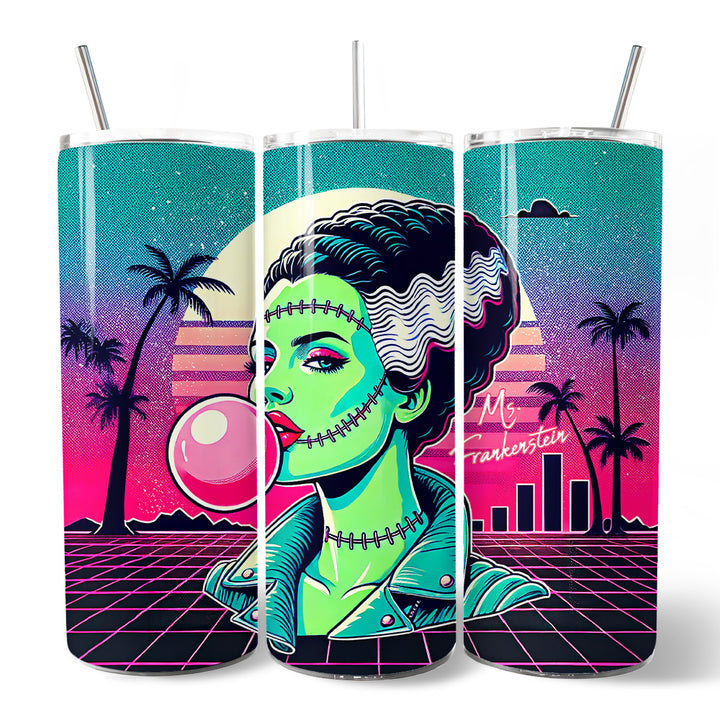Vaporwave Mrs Frankenstein Retro Neon Horror 20oz Personalized Tumbler With Lid and Stainless Steel Straw, Synthwave 80's Styled Classic Halloween Gift Cup