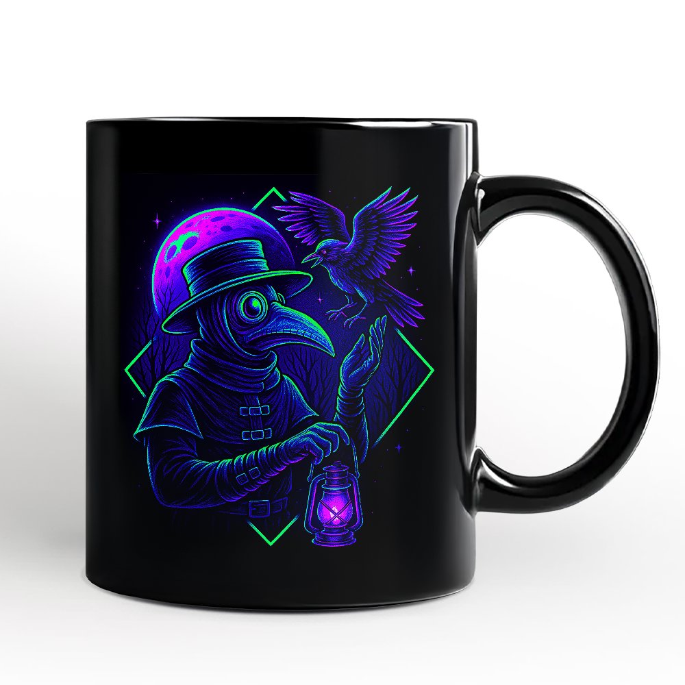 Vaporwave Plague Doctor Personalized Mug, Retro Neon Horror Vibes Halloween Gift with Custom Name Personalized Ceramic Mug OrnamentallyYou Black Non-Custom 