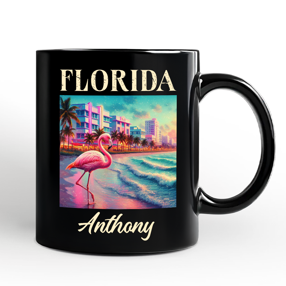 Vibrant Florida State Flamingo Personalized Mug, Miami Beach Souvenir and Coastal Gift with Custom Name