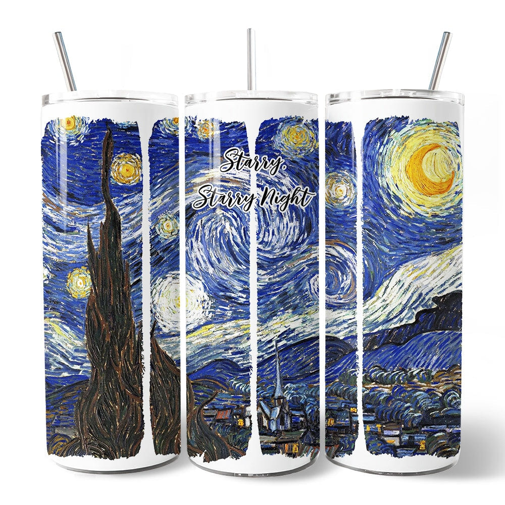 Vincent Van Gogh The Starry Night 20oz Personalized Tumbler With Lid and Stainless Steel Straw, Famous Post-Impressionism Painting Gift Cup Tumbler OrnamentallyYou 