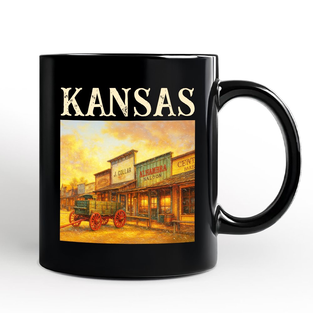Vintage Kansas State Dodge City Boot Hill Street Scene Personalized Mug, Wild West Gift and Frontier Souvenir with Custom Name Personalized Ceramic Mug OrnamentallyYou Black Non-Custom 
