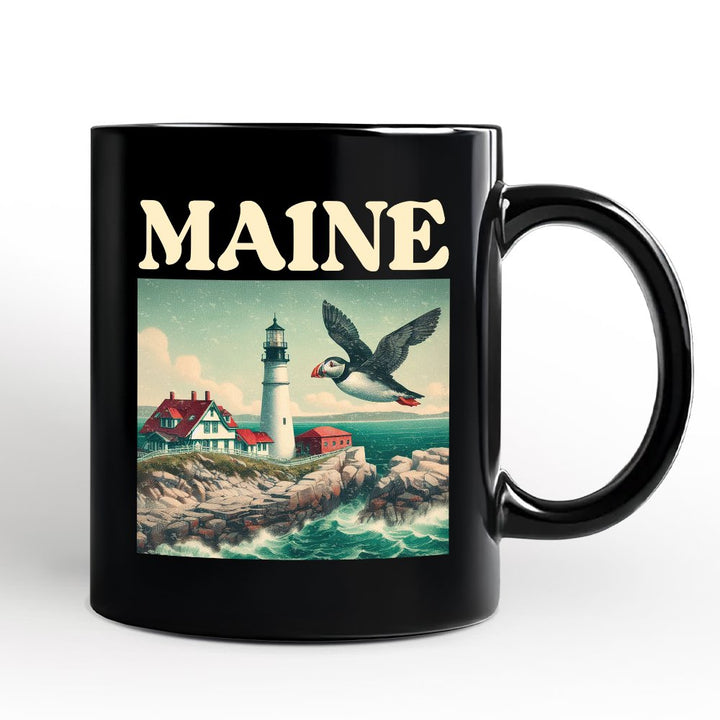Vintage Maine State Lighthouse and Puffin Personalized Mug, New England Coastal Gift and Seaside Souvenir with Custom Name Personalized Ceramic Mug OrnamentallyYou Black Non-Custom 