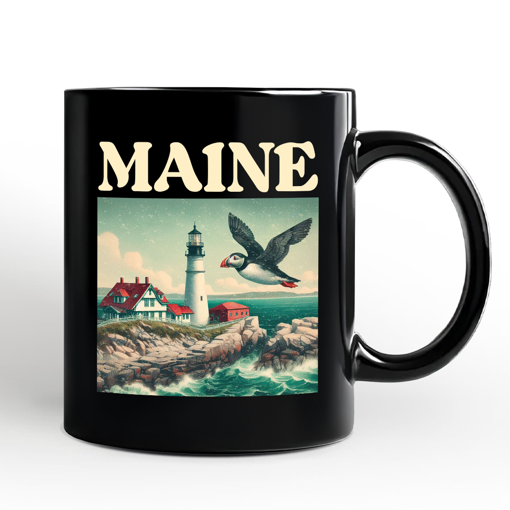 Vintage Maine State Lighthouse and Puffin Personalized Mug, New England Coastal Gift and Seaside Souvenir with Custom Name