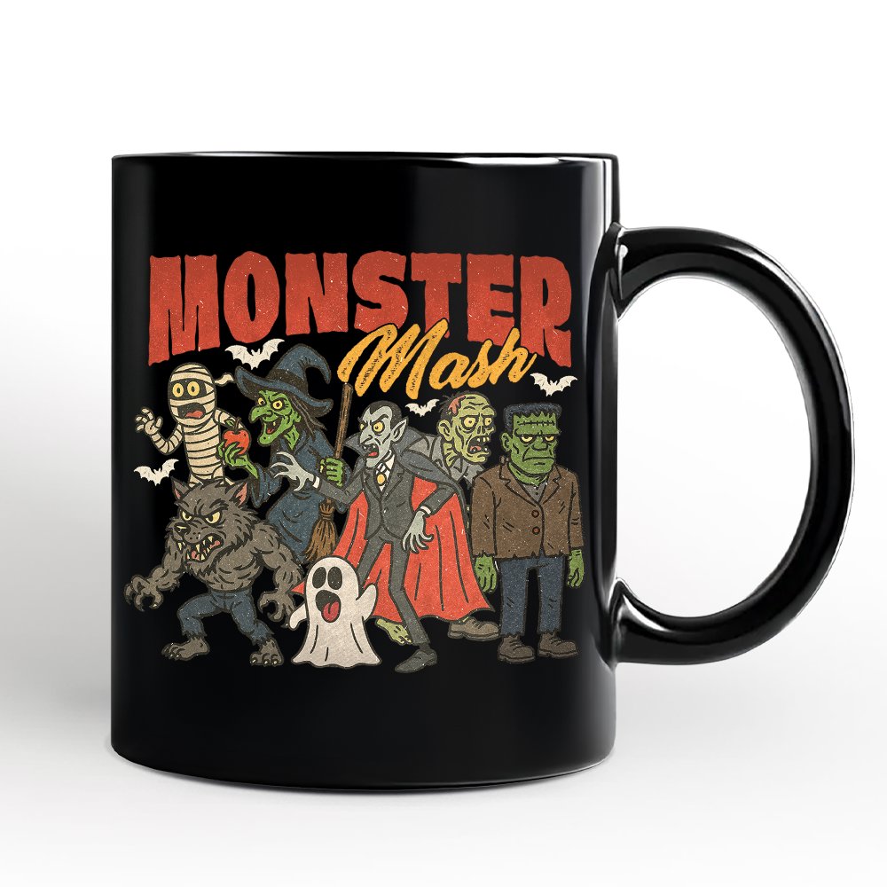Vintage Monster Mash Personalized Mug, Retro Halloween Friends Gift with Custom Name Personalized Ceramic Mug OrnamentallyYou Black Non-Custom 