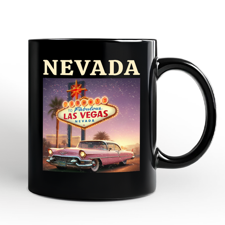 Vintage Nevada State Las Vegas Sign Personalized Mug, Retro Pink Cadillac Gift and Desert City Souvenir with Custom Name