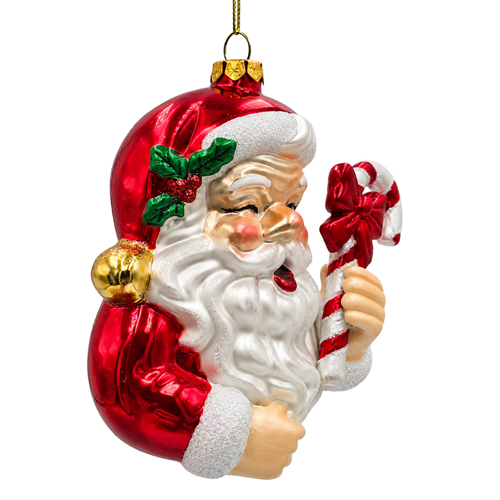 (PRE-ORDER) Vintage Santa with Candy Cane Glass Christmas Ornament, Classic Holiday Tree Decor