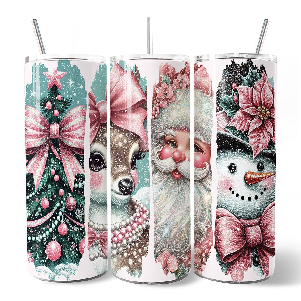 Vintage Tree, Reindeer, Santa and Snowman 20oz Personalized Tumbler With Lid and Stainless Steel Straw, Coquette Pink Christmas Gift Cup Tumbler OrnamentallyYou 