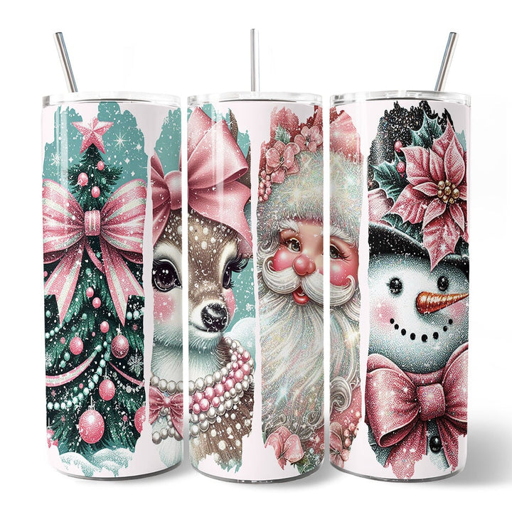 Vintage Tree, Reindeer, Santa and Snowman 20oz Personalized Tumbler With Lid and Stainless Steel Straw, Coquette Pink Christmas Gift Cup Tumbler OrnamentallyYou 