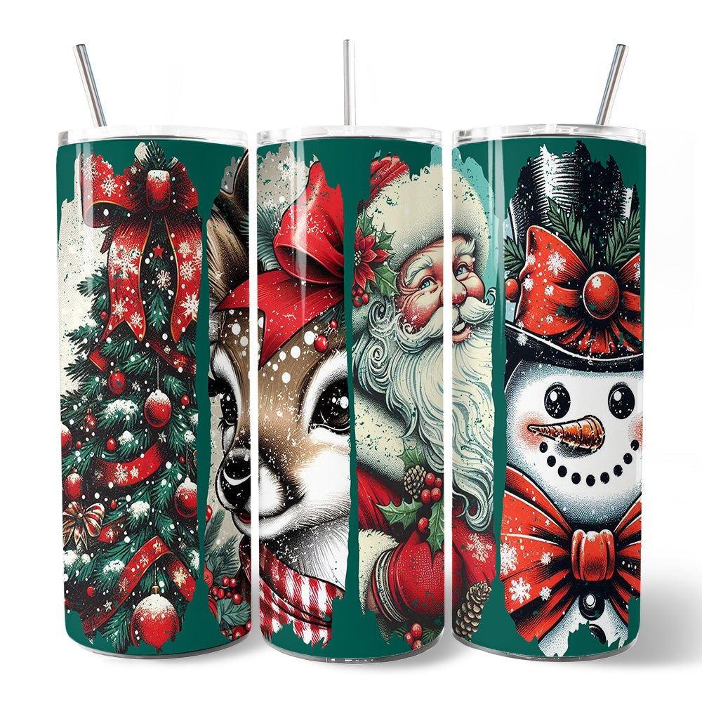 Vintage Tree, Reindeer, Santa and Snowman 20oz Personalized Tumbler With Lid and Stainless Steel Straw, Green Christmas Brushstrokes Gift Cup Tumbler OrnamentallyYou 