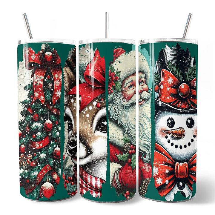 Vintage Tree, Reindeer, Santa and Snowman 20oz Personalized Tumbler With Lid and Stainless Steel Straw, Green Christmas Brushstrokes Gift Cup Tumbler OrnamentallyYou 