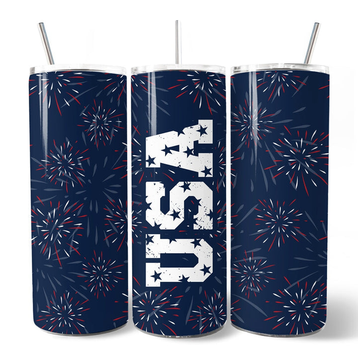 Vintage USA Block Letters 20oz Personalized Tumbler With Lid and Stainless Steel Straw, Patriotic Fireworks for Independence Day Gift Cup Tumbler OrnamentallyYou 