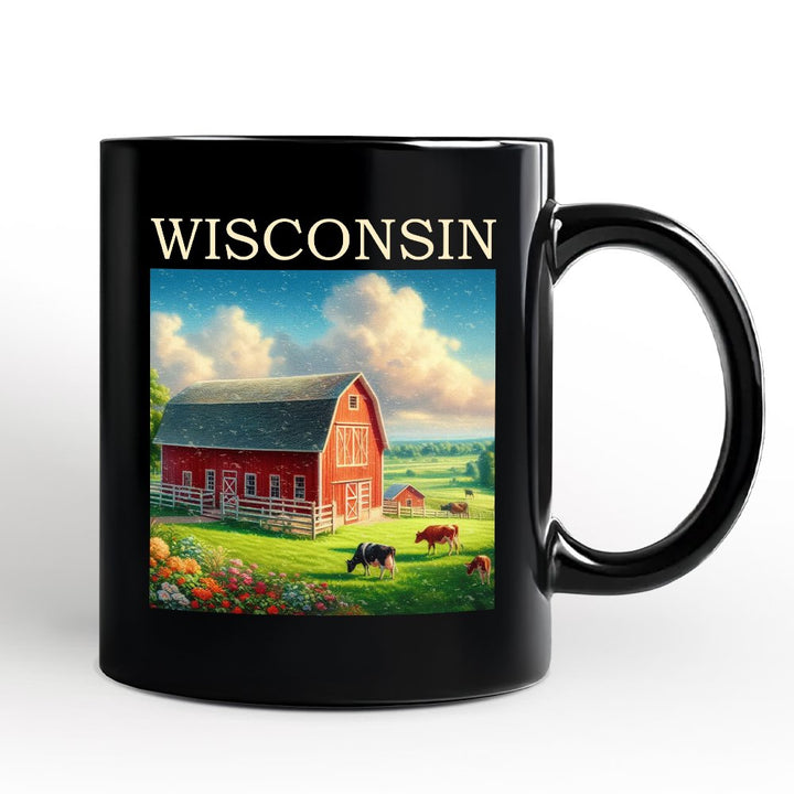 Vintage Wisconsin Farm Landscape Personalized Mug, Midwest Red Barn Gift and Countryside Souvenir with Custom Name Personalized Ceramic Mug OrnamentallyYou Black Non-Custom 