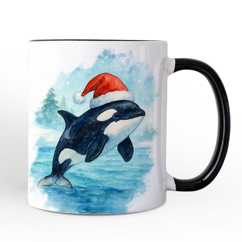 Watercolor Orca in Santa Hat Christmas Personalized Mug, Marine Animal Holiday Gift with Custom Name Personalized Ceramic Mug OrnamentallyYou White - Black Non-Custom 