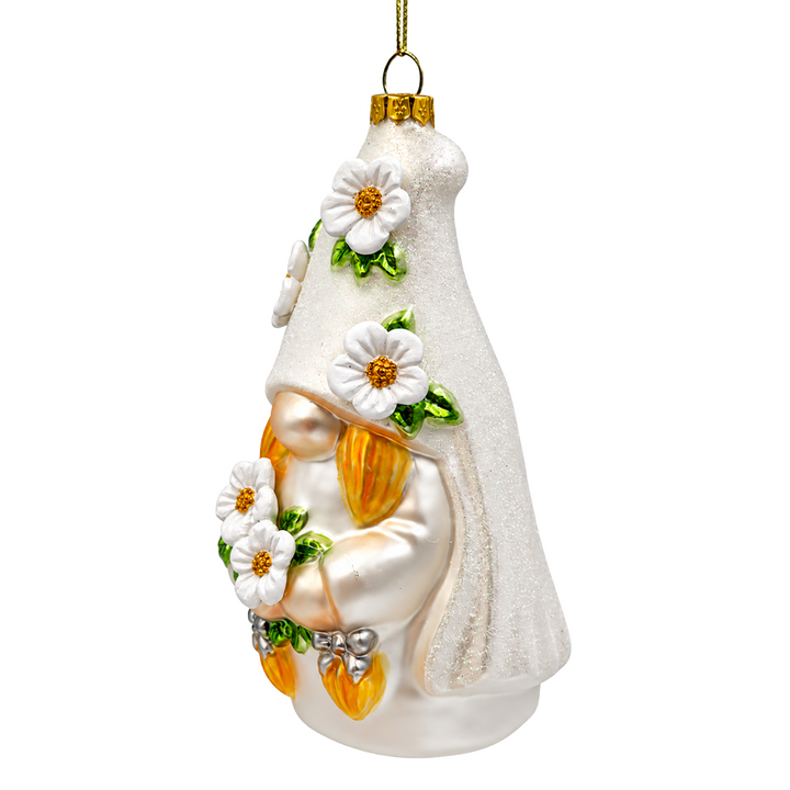 (PRE-ORDER) Wedding Bride Gnome Glass Ornament, Bridal Shower Newlywed Keepsake and Wedding Tree Decor