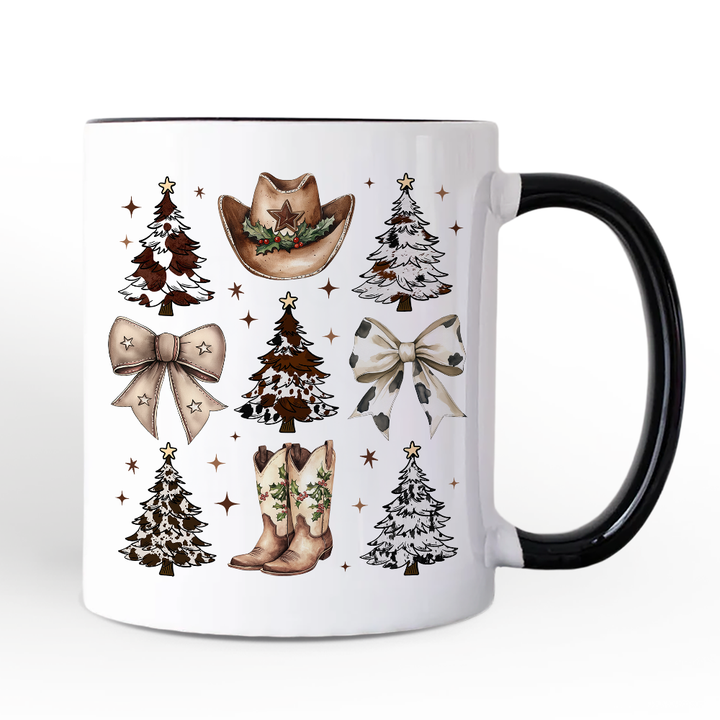 Western Christmas Coquette Tree Personalized Mug, Country Holiday Cowboy Gift with Custom Name